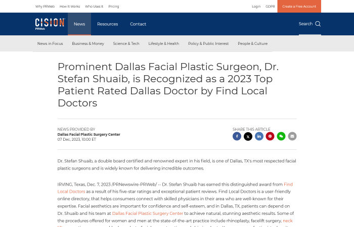 screenshot of the ' Prominent Dallas Facial Plastic Surgeon, Dr. Stefan Shuaib, is Recognized as a 2023 Top Patient Rated Dallas Doctor by Find Local Doctors' article